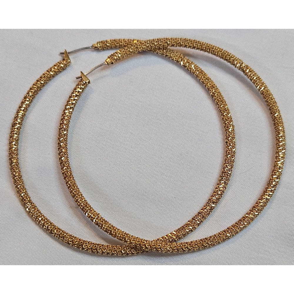 Gold Tone Textured Mesh Large Hoop Earrings Oversized 2.75 Inch Flashy Street‎